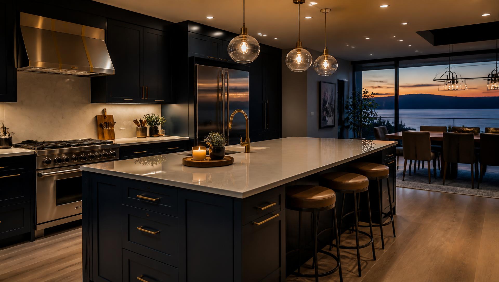 Elegant dark kitchen with polished stone countertops at dusk