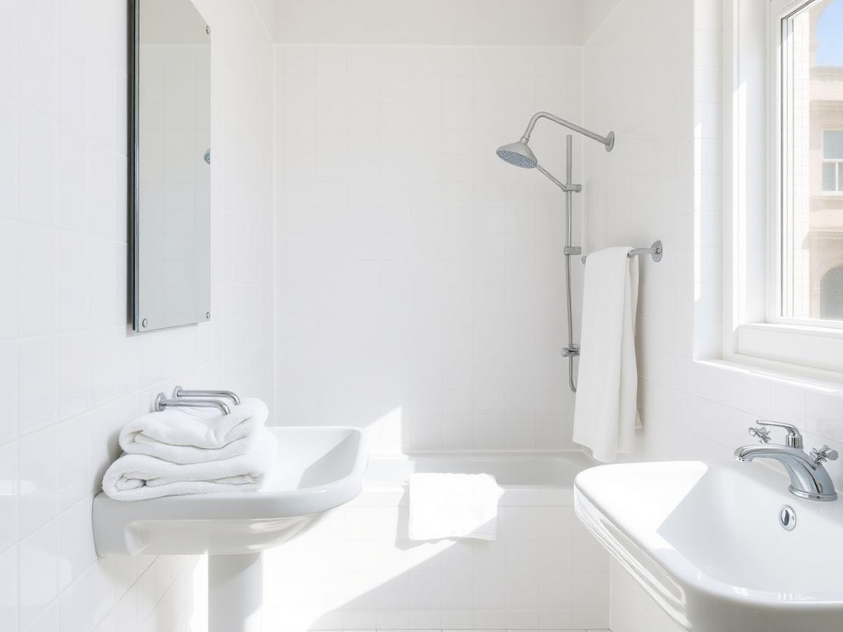 Spotless white bathroom with polished chrome fixtures and folded towels